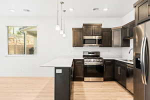 Kitchen with a sink, visible vents, a peninsula, light countertops, and appliances with stainless steel finishes