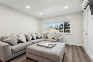 Living room featuring baseboards, recessed lighting, and dark wood-style floors