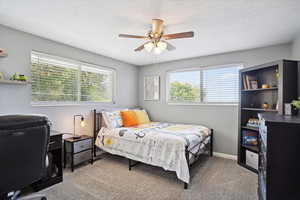 Bedroom with carpet, ceiling fan, a textured ceiling, and multiple windows