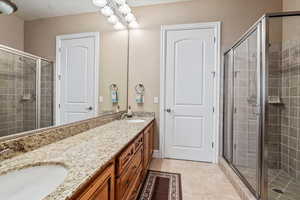 Full bathroom featuring double sink vanity, a shower stall, and a sink