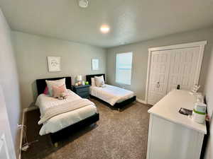 Bedroom featuring dark colored carpet, visible vents, baseboards, and a closet