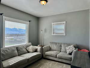 View of light living room and it's mountain views