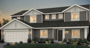 Rendering of front of property with driveway, board and batten siding, and a shingled roof