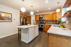 Kitchen featuring dark wood-type flooring, stainless steel appliances, open shelves, and a sink