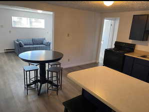Kitchen featuring dark wood-style flooring, a baseboard radiator, black range with electric stovetop, and light countertops