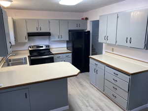 Kitchen featuring a sink, stainless steel range with electric cooktop, freestanding refrigerator, under cabinet range hood, and light wood finished floors