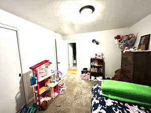 Carpeted bedroom with a textured ceiling