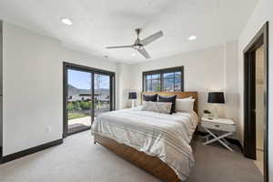 Bedroom featuring recessed lighting, access to exterior, light carpet, ceiling fan, and baseboards