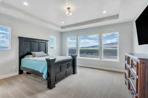 Bedroom featuring a raised ceiling, light carpet, and baseboards