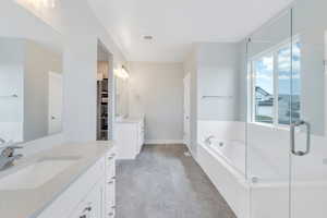 Full bath featuring two vanities, visible vents, a bath, and a sink