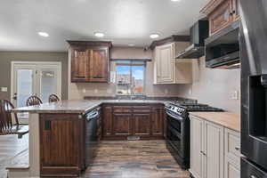 Kitchen featuring a sink, dark wood-style flooring, stainless steel appliances, wall chimney exhaust hood, and a peninsula
