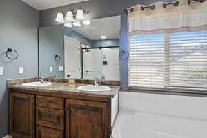 Bathroom featuring a shower stall, a garden tub, double vanity, and a sink