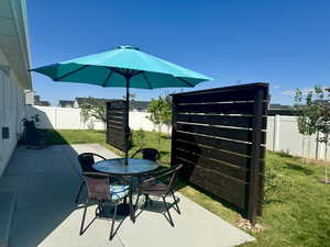 View of patio featuring a fenced backyard and outdoor dining space