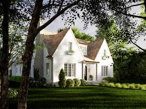 Exterior space featuring a chimney, stucco siding, and a front yard