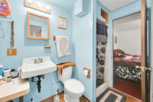 Bathroom with a stall shower, toilet, wood finished floors, and a sink