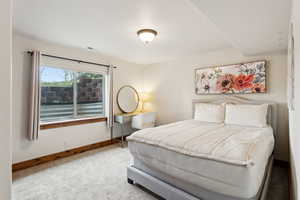 Bedroom with visible vents, carpet, and baseboards