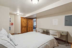 Carpeted bedroom with baseboards, visible vents, and electric panel