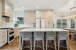 Kitchen featuring a kitchen island, high quality appliances, a kitchen breakfast bar, and light countertops
