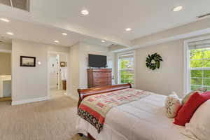 Bedroom with recessed lighting, visible vents, light carpet, and baseboards
