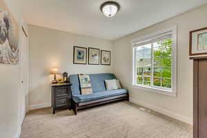 Sitting room featuring light colored carpet, visible vents, and baseboards