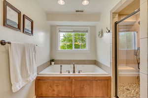 Full bath with visible vents, a stall shower, a bath, and recessed lighting