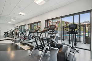 Gym featuring a healthy amount of sunlight and a drop ceiling
