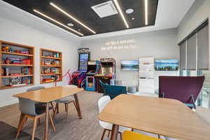 Recreation room with built in shelves