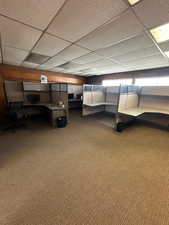 Bedroom with carpet flooring and a paneled ceiling