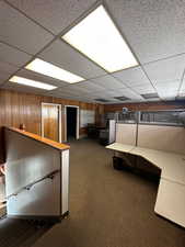 Interior space with carpet, a drop ceiling, and wooden walls