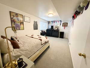 Bedroom featuring light colored carpet