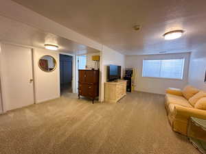 Carpeted living area featuring a textured ceiling and baseboards