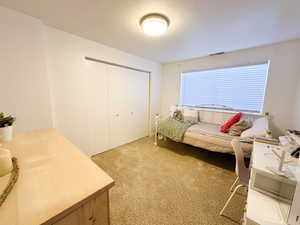 Bedroom with a closet, light colored carpet, and visible vents