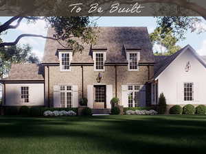French country style house with a front lawn and stone siding