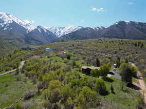 Property view of mountains featuring a wooded view