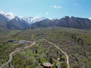 Aerial view featuring a wooded view and a mountain view