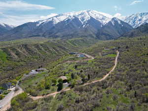 Birds eye view of property with a mountain view and a forest view