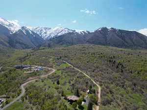 Birds eye view of property featuring a wooded view and a mountain view