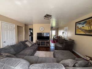 Living area featuring dark wood-style floors, a textured ceiling, and baseboards
