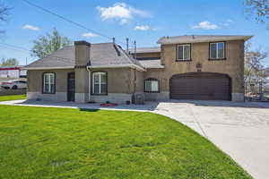 View of front of house with driveway, central air condition unit, an attached garage, stucco siding, and a front lawn
