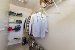 Walk in closet featuring carpet and attic access