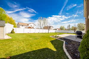 View of yard with a patio area, a residential view, and a fenced backyard