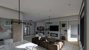 Living area with a chandelier, visible vents, light wood-type flooring, and a fireplace