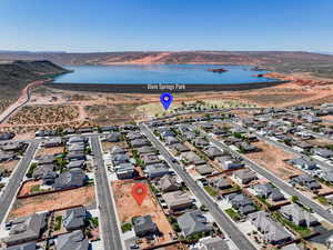 Aerial view with a residential view and a water and mountain view