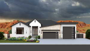 View of front of house with a garage, driveway, and stone siding