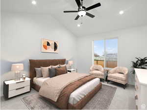 Bedroom featuring recessed lighting, lofted ceiling, and light carpet