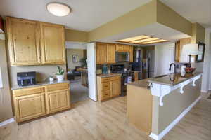 Kitchen featuring stainless steel appliances, a peninsula, light wood finished floors, and a sink