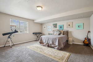Bedroom with baseboards, visible vents, carpet, and a textured ceiling