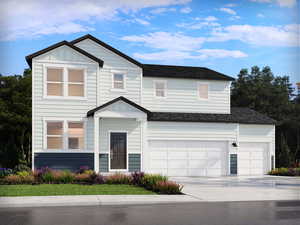 View of front of home with board and batten siding, a shingled roof, concrete driveway, and a garage
