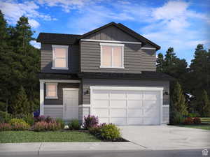 View of front of property with board and batten siding, a shingled roof, concrete driveway, and an attached garage