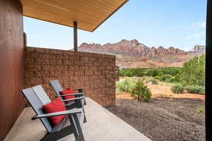 View of patio / terrace featuring a mountain view